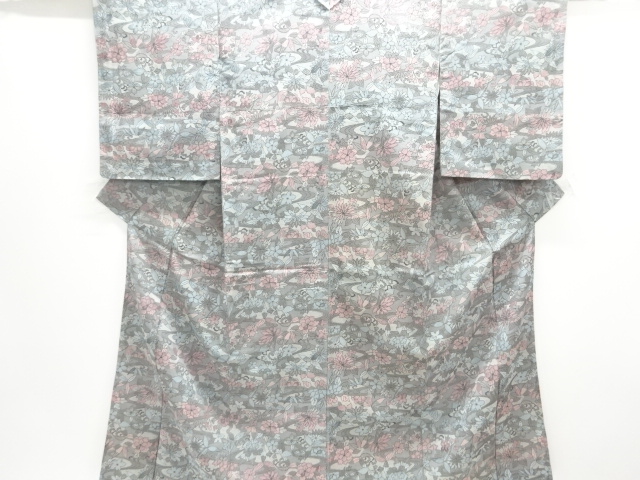 JAPANESE KIMONO / ANTIQUE OMESHI KIMONO / TAISHO ROMAN STYLE / SILK / WOVEN STREAM & FLOWERS